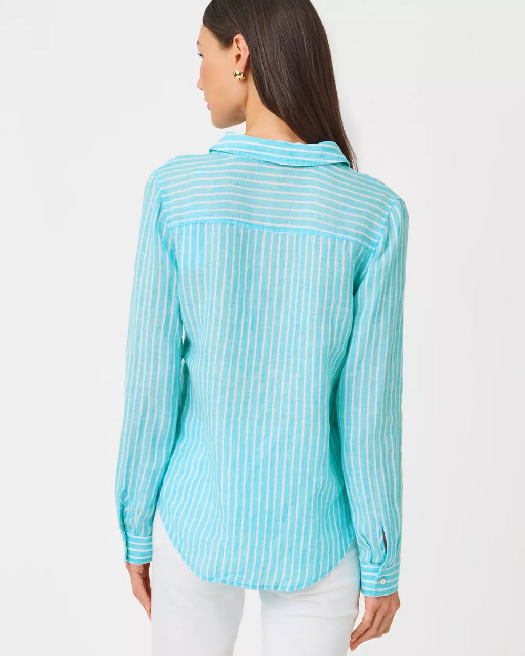 Vertical Stripe Linen Blend Relaxed Fit Long Sleeve Button Down Blouse