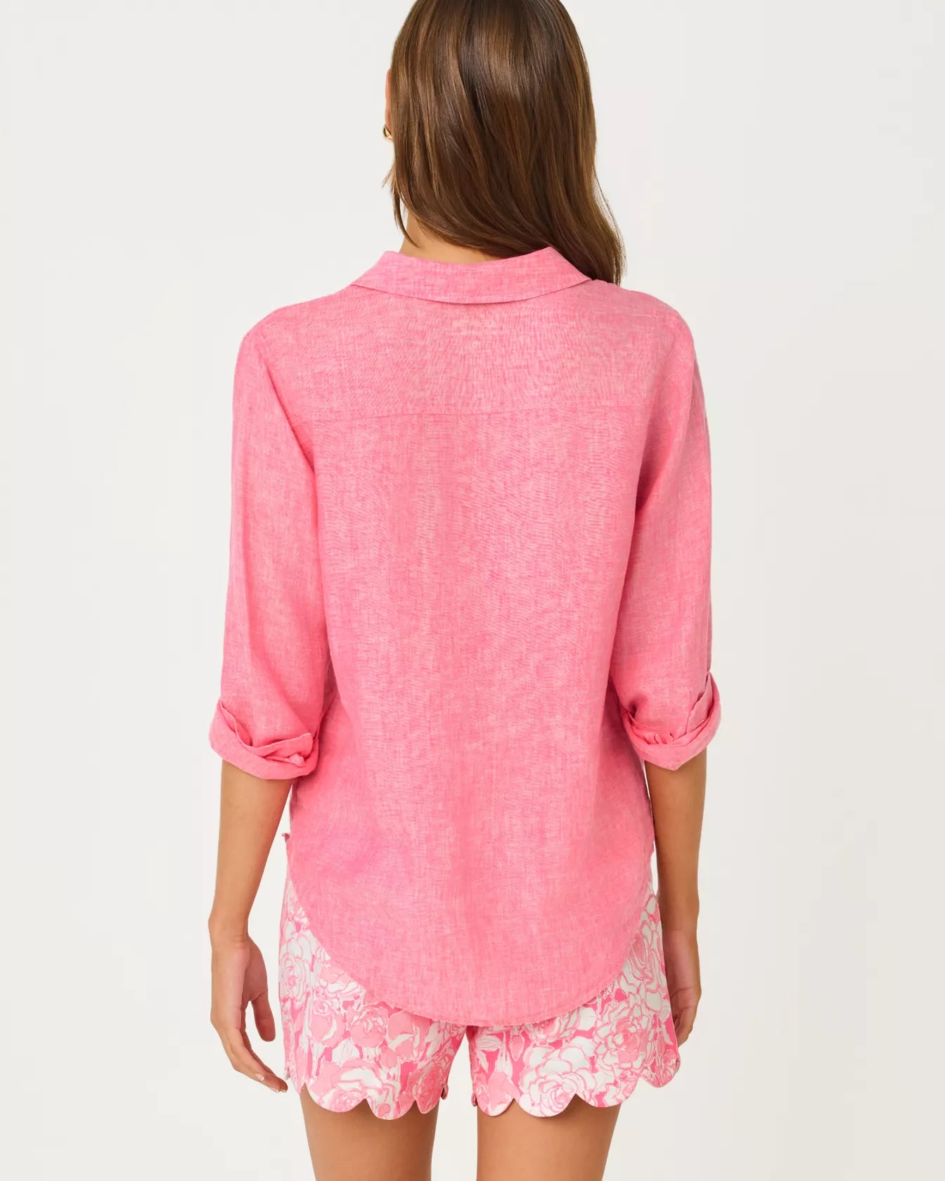 Solid Pink Relaxed Fit Roll Sleeve Button Down Blouse