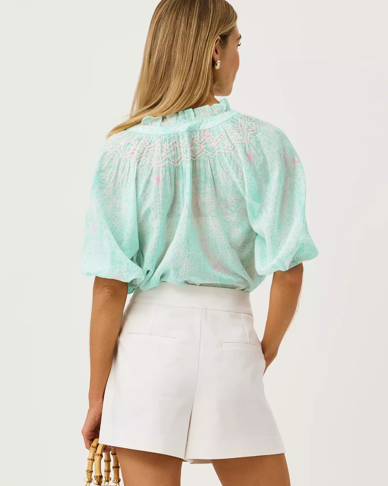 Ruffle Collar Hand Smocked Puff Sleeve Printed Relaxed Fit Blouse