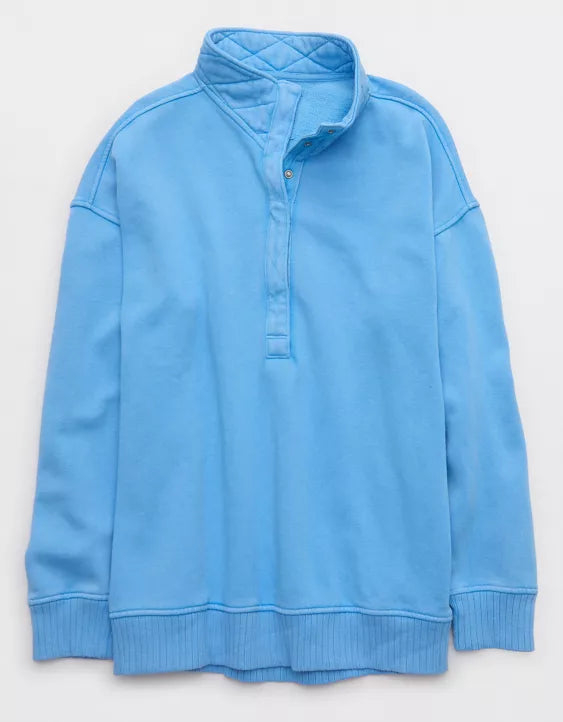 Oversized Longer Length Snap Henley Collar Fleece Pullover Hoodie