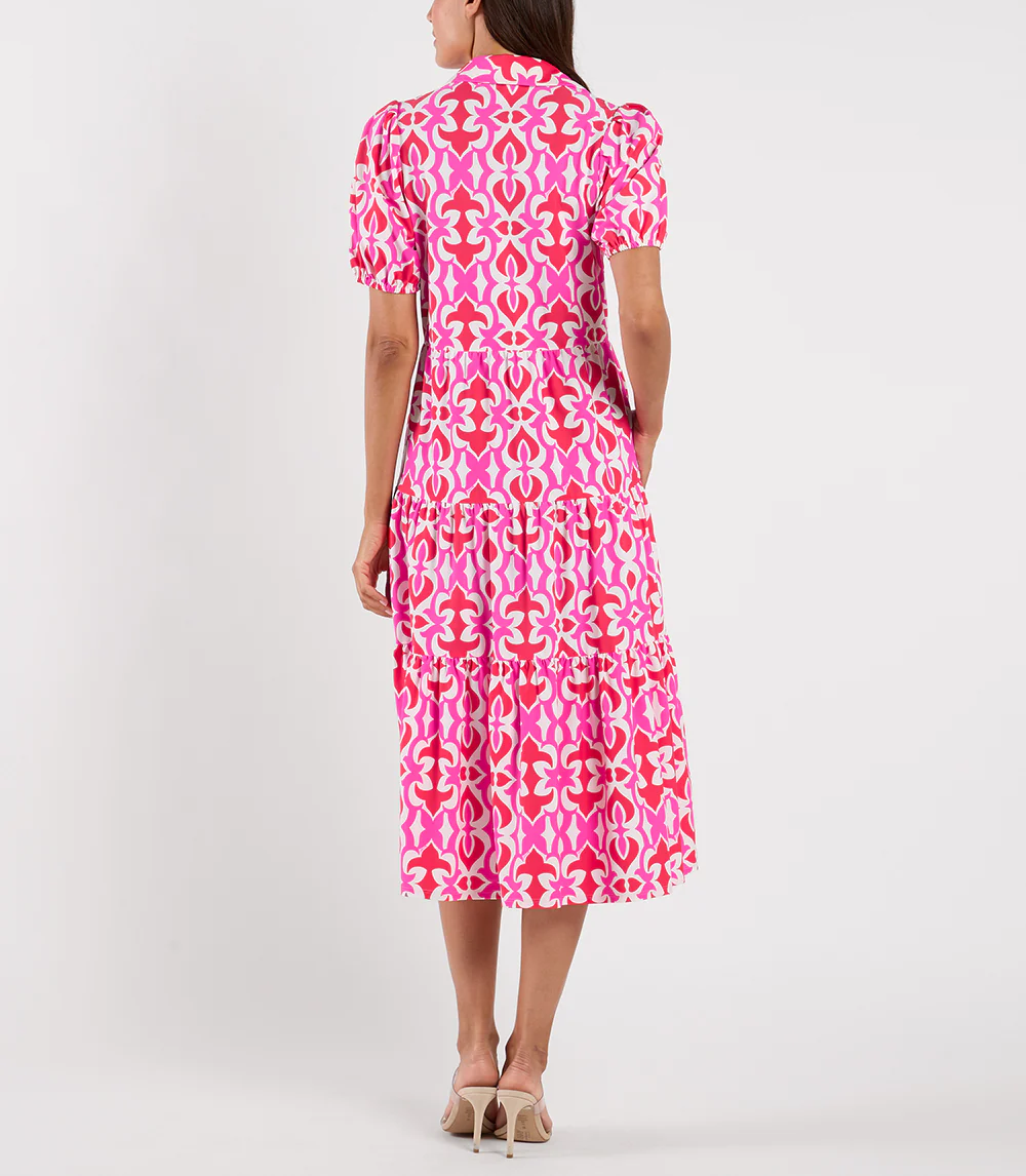 V Neck Puff Sleeve Tiered Geometric Print Midi Kleid Dress