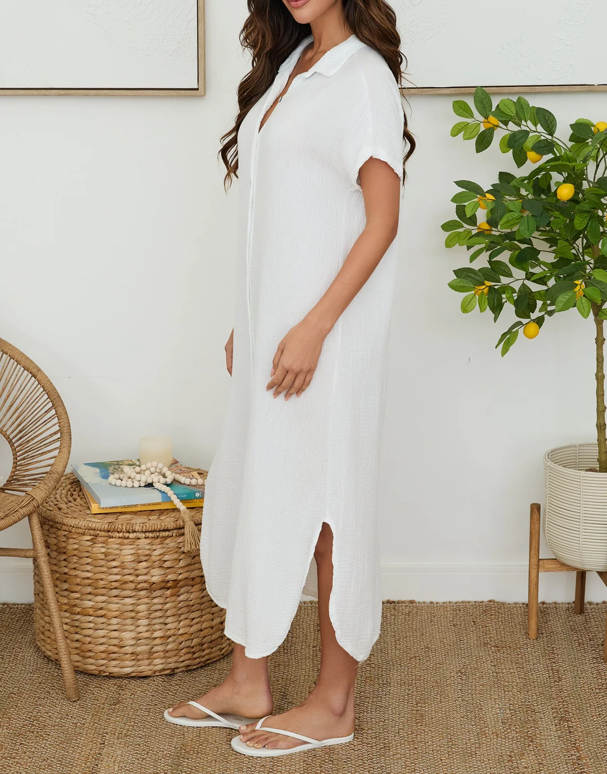 Crinkle Fabric Collared Button Front Midi Shirt Kleid Dress