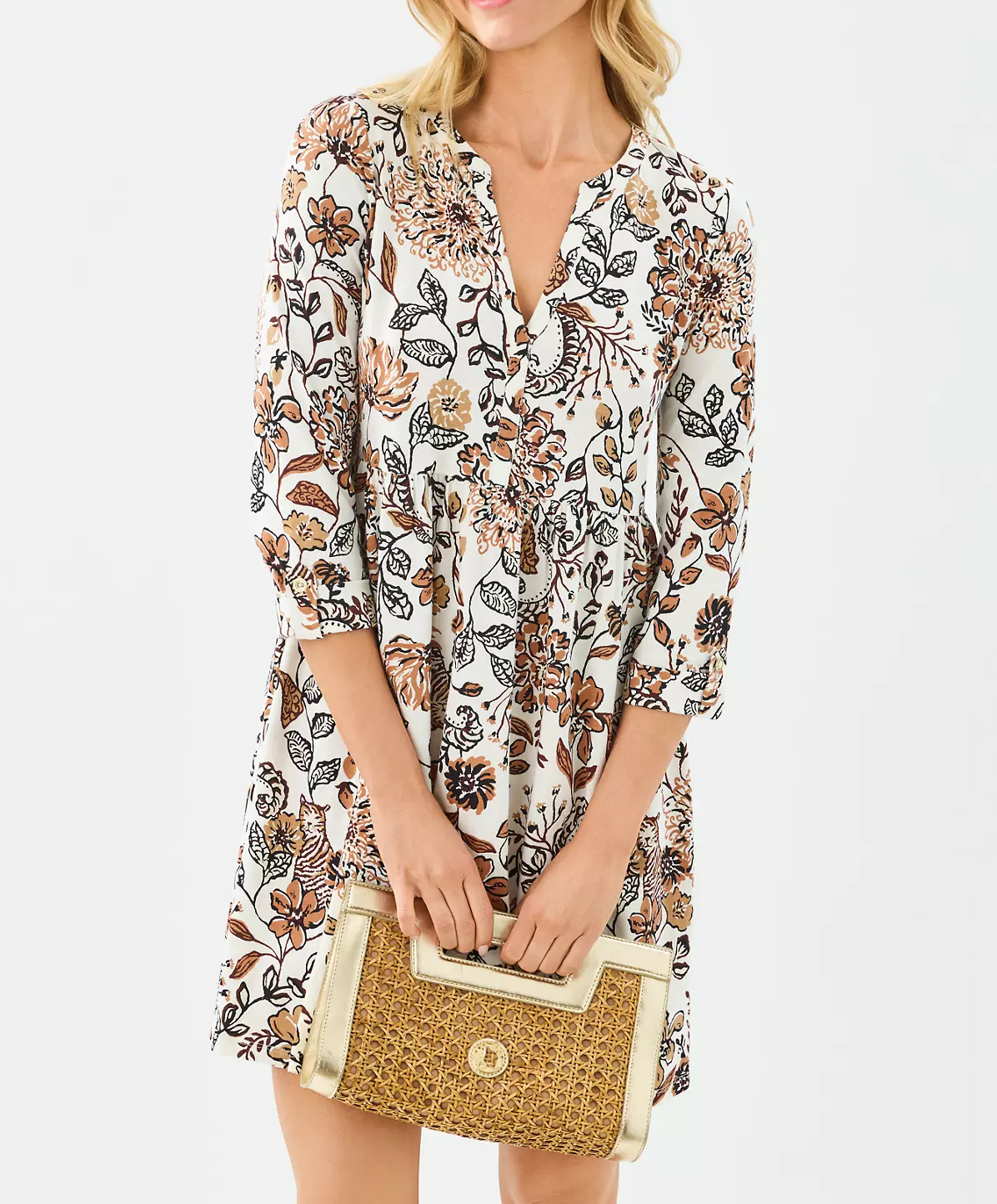 Notch Neck 3/4 Roll Tab Sleeve Floral Print Swing Mini Dress