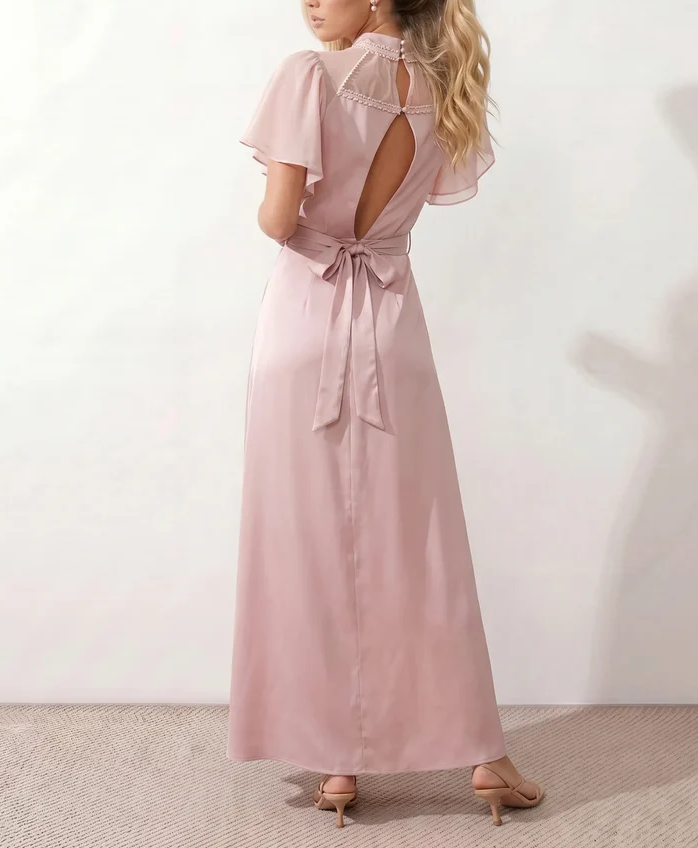 Sheer Flutter Sleeve Belted Mock Neck Solid Satin Slit Maxi Dress