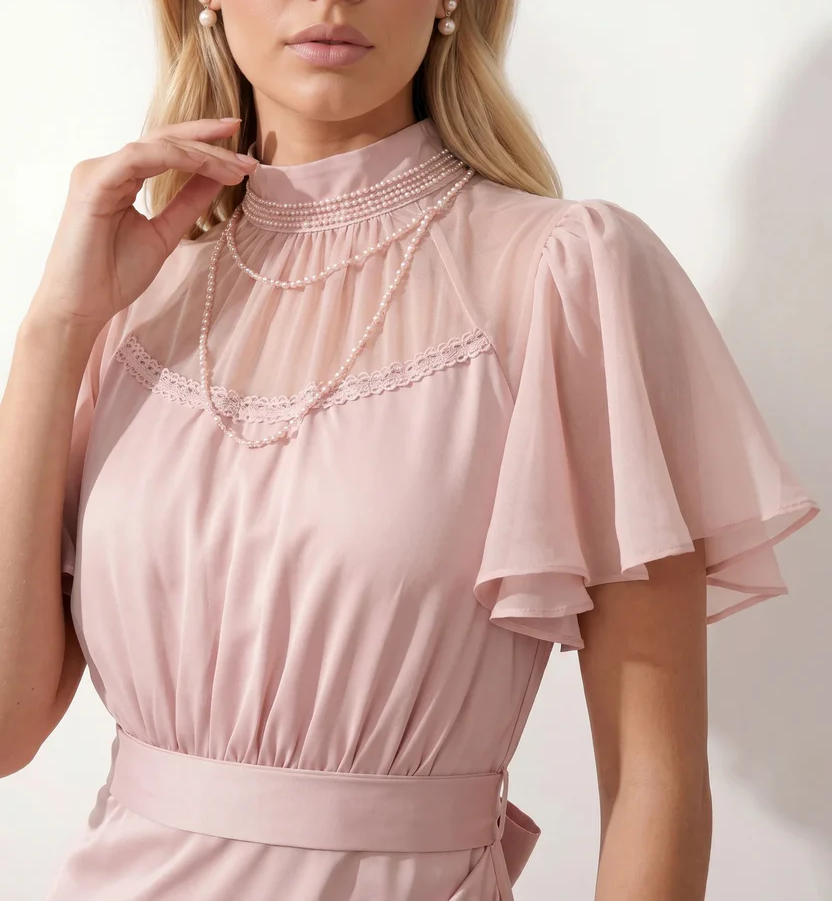 Sheer Flutter Sleeve Belted Mock Neck Solid Satin Slit Maxi Dress