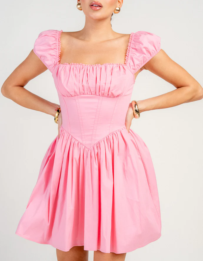 Square Neck Puff Sleeve Corset Waist Flared Mini Dress
