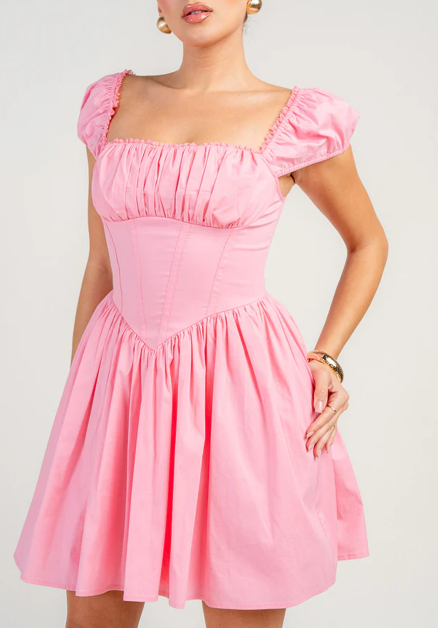 Square Neck Puff Sleeve Corset Waist Flared Mini Dress