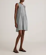 Sleeveless Mini Gingham Pin Tuck Button Front Linen Shift Dress
