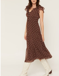 Ruffle V Neck Tie Front Smocked Waist Polka Dot Tiered Midi Dress