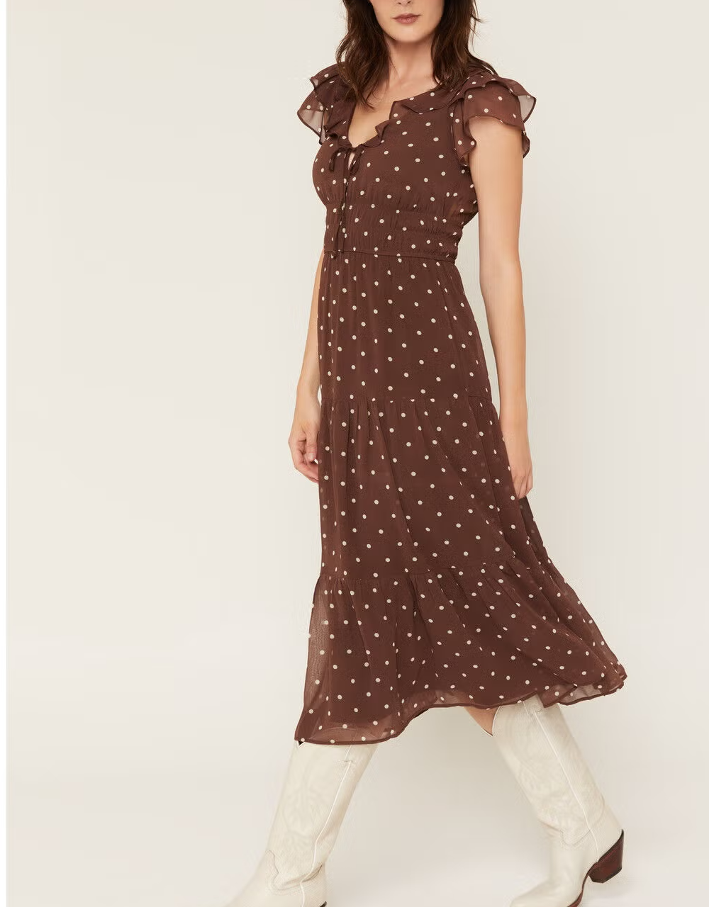 Ruffle V Neck Tie Front Smocked Waist Polka Dot Tiered Midi Dress