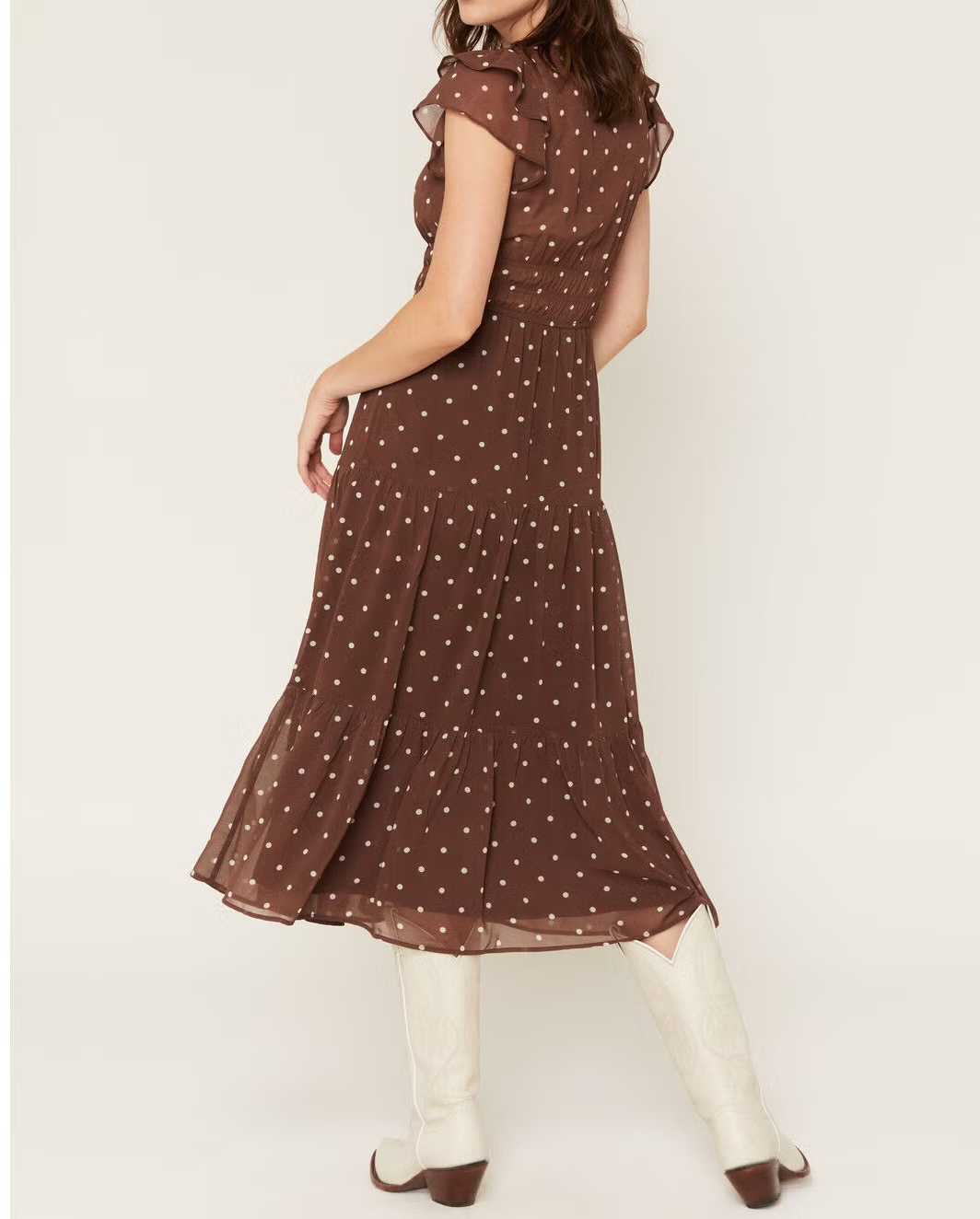 Ruffle V Neck Tie Front Smocked Waist Polka Dot Tiered Midi Dress