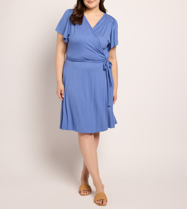 Plus Size Short Sleeve V Neck Wrap Midi Kleid Dress