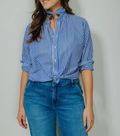 Ruffle Collar Vertical Stripe Relaxed Boyfriend Fit Blouse