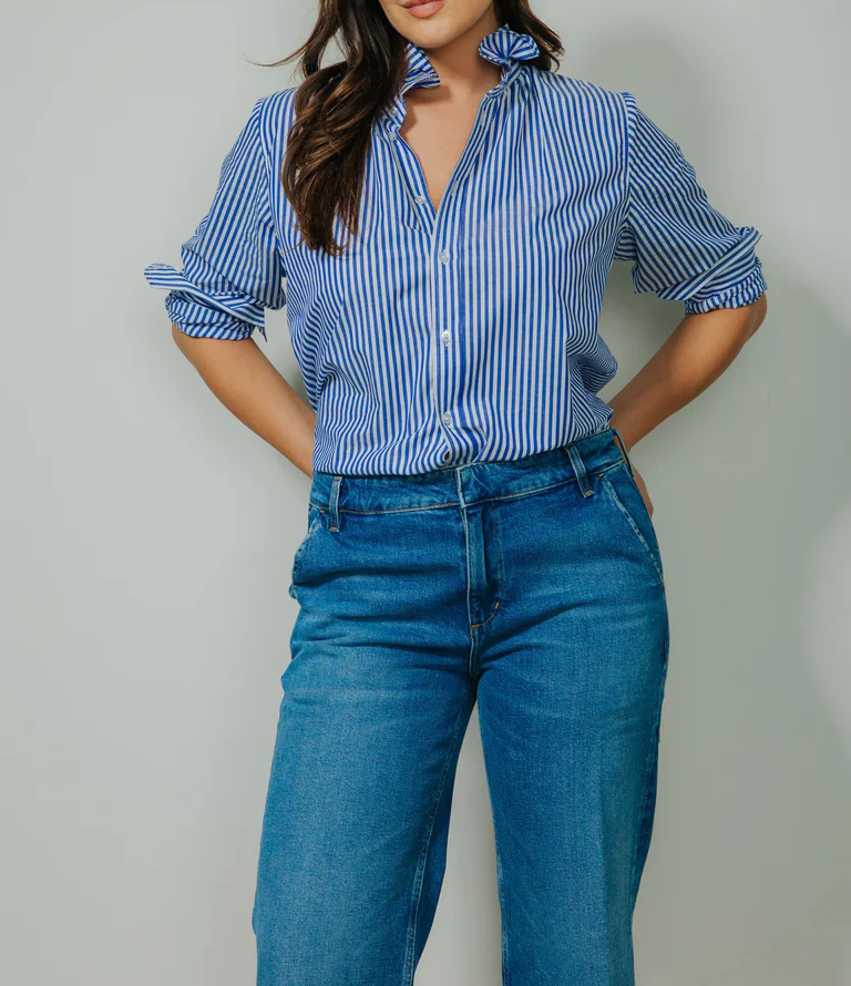 Ruffle Collar Vertical Stripe Relaxed Boyfriend Fit Blouse