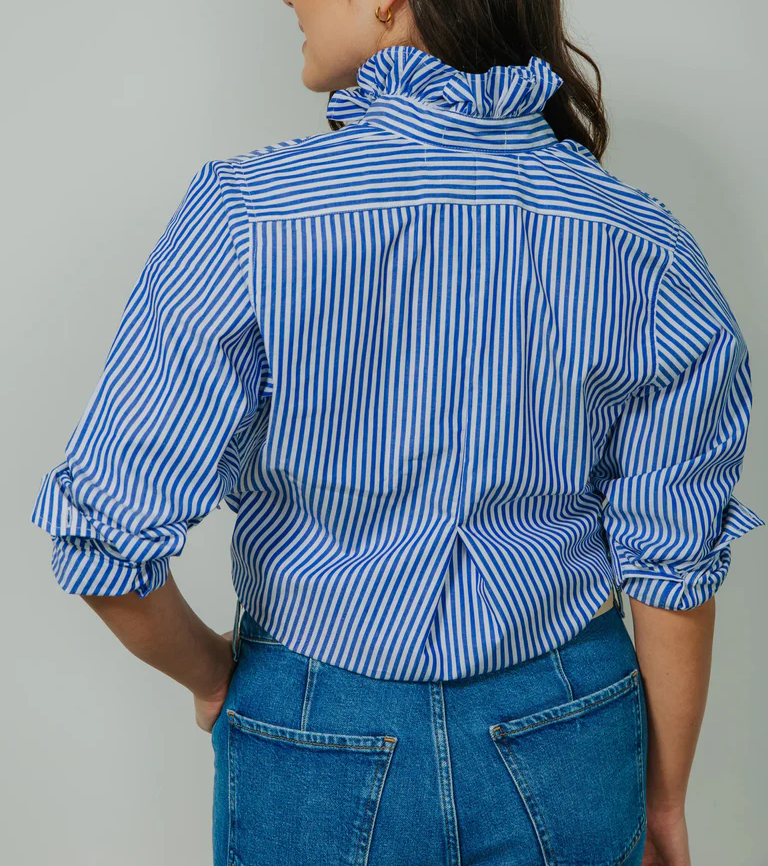 Ruffle Collar Vertical Stripe Relaxed Boyfriend Fit Blouse