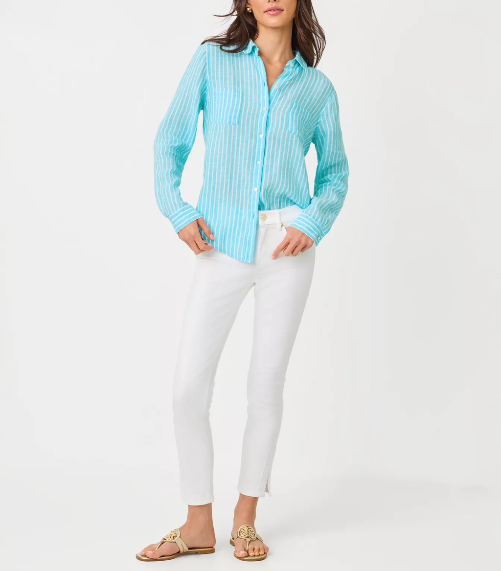 Vertical Stripe Linen Blend Relaxed Fit Long Sleeve Button Down Blouse