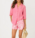 Solid Pink Relaxed Fit Roll Sleeve Button Down Blouse