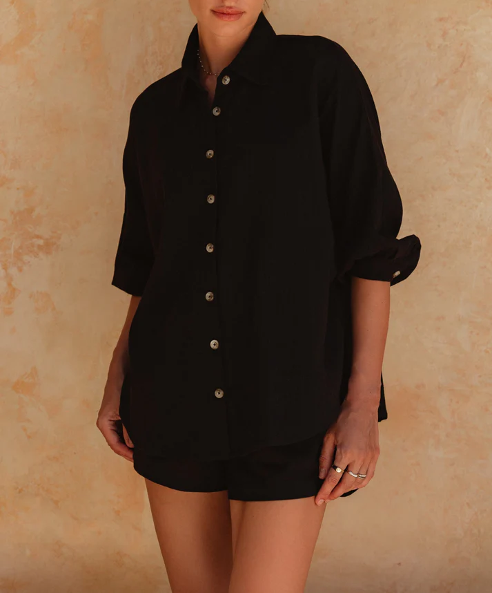 Women’s Oversized Relaxed Fit Linen Short Sleeve Button Down Shirt