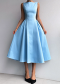 Satin Sleeveless Boat Neck Fit Flare Midi Kleid Dress