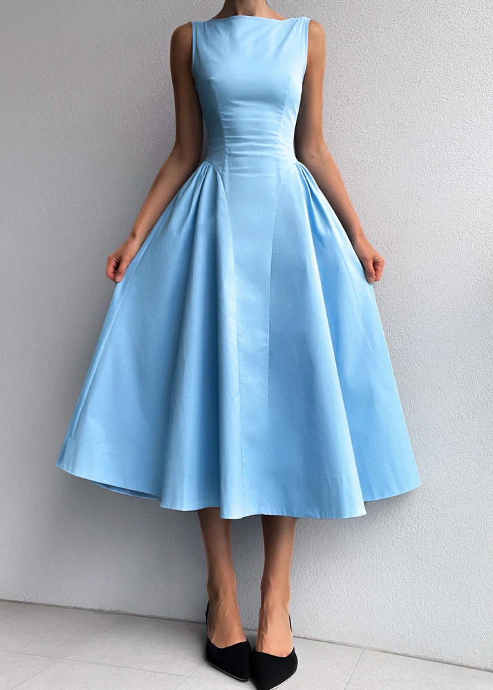 Satin Sleeveless Boat Neck Fit Flare Midi Kleid Dress