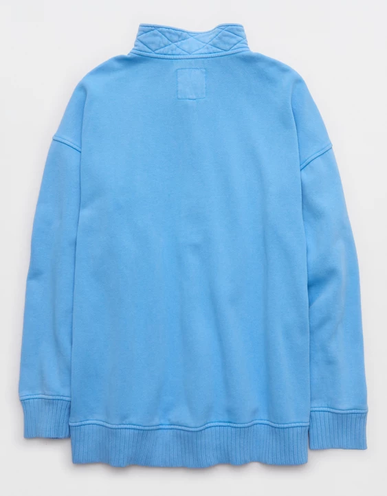 Oversized Longer Length Snap Henley Collar Fleece Pullover Hoodie