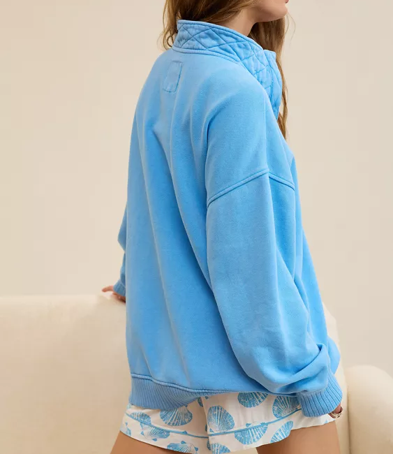 Oversized Longer Length Snap Henley Collar Fleece Pullover Hoodie