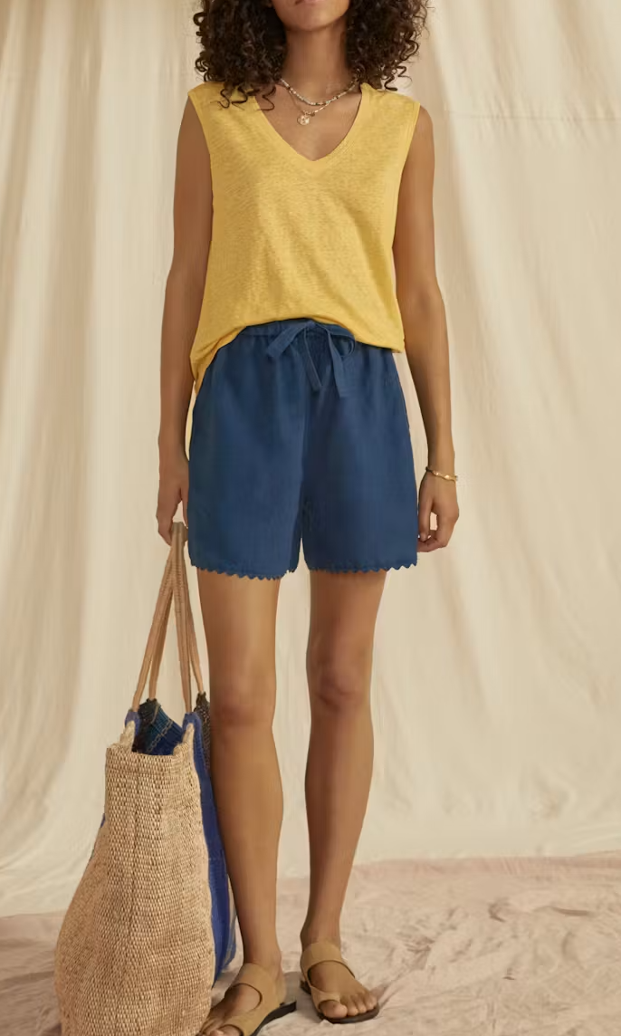 Linen Relaxed Fit V Neck Wide Strap Curved Hem Tank Top