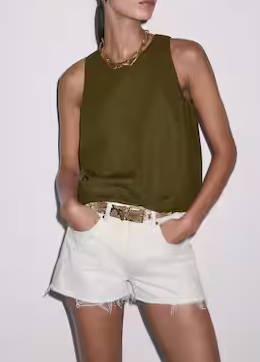Cropped Linen Viscose Blend Sleeveless Back Zip Tank Top