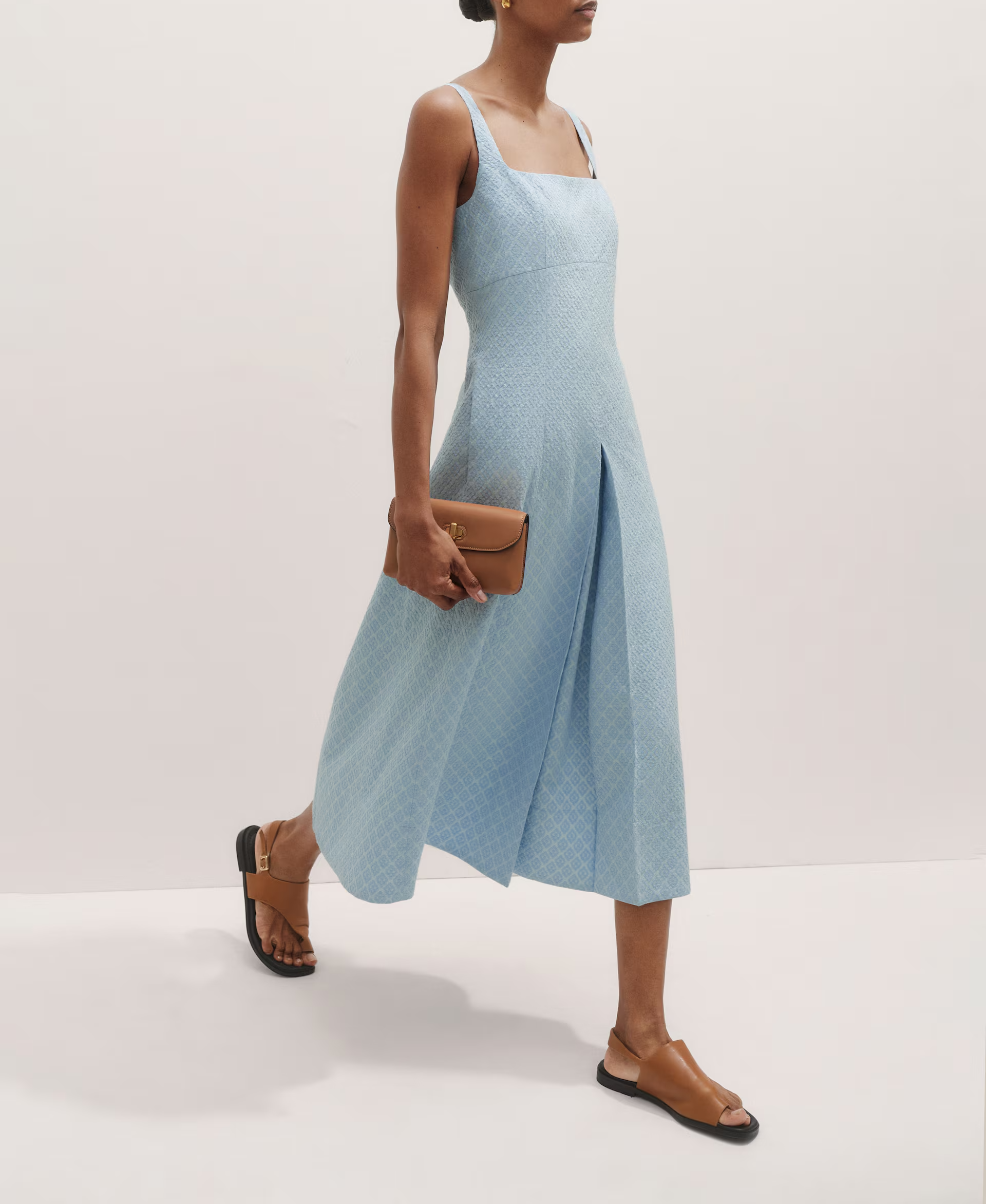 Square Neck Spaghetti Strap Textured Midi Dress