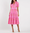 V Neck Puff Sleeve Tiered Geometric Print Midi Kleid Dress