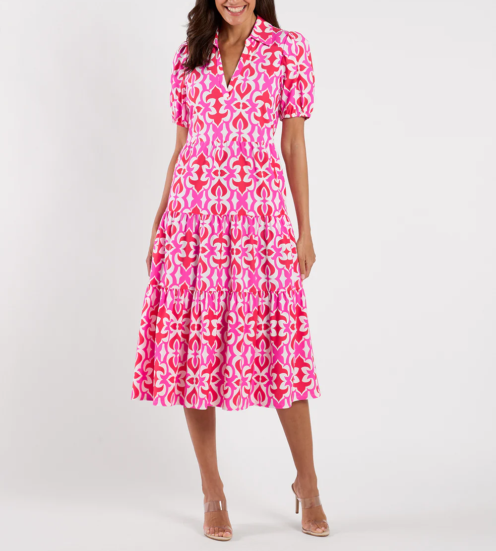 V Neck Puff Sleeve Tiered Geometric Print Midi Kleid Dress