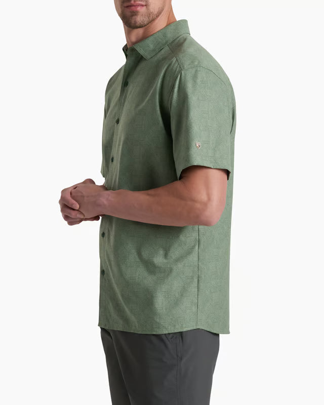 Men’s Heather Green Stretch Quick Dry UPF 30+ Short Sleeve Button Down Shirt