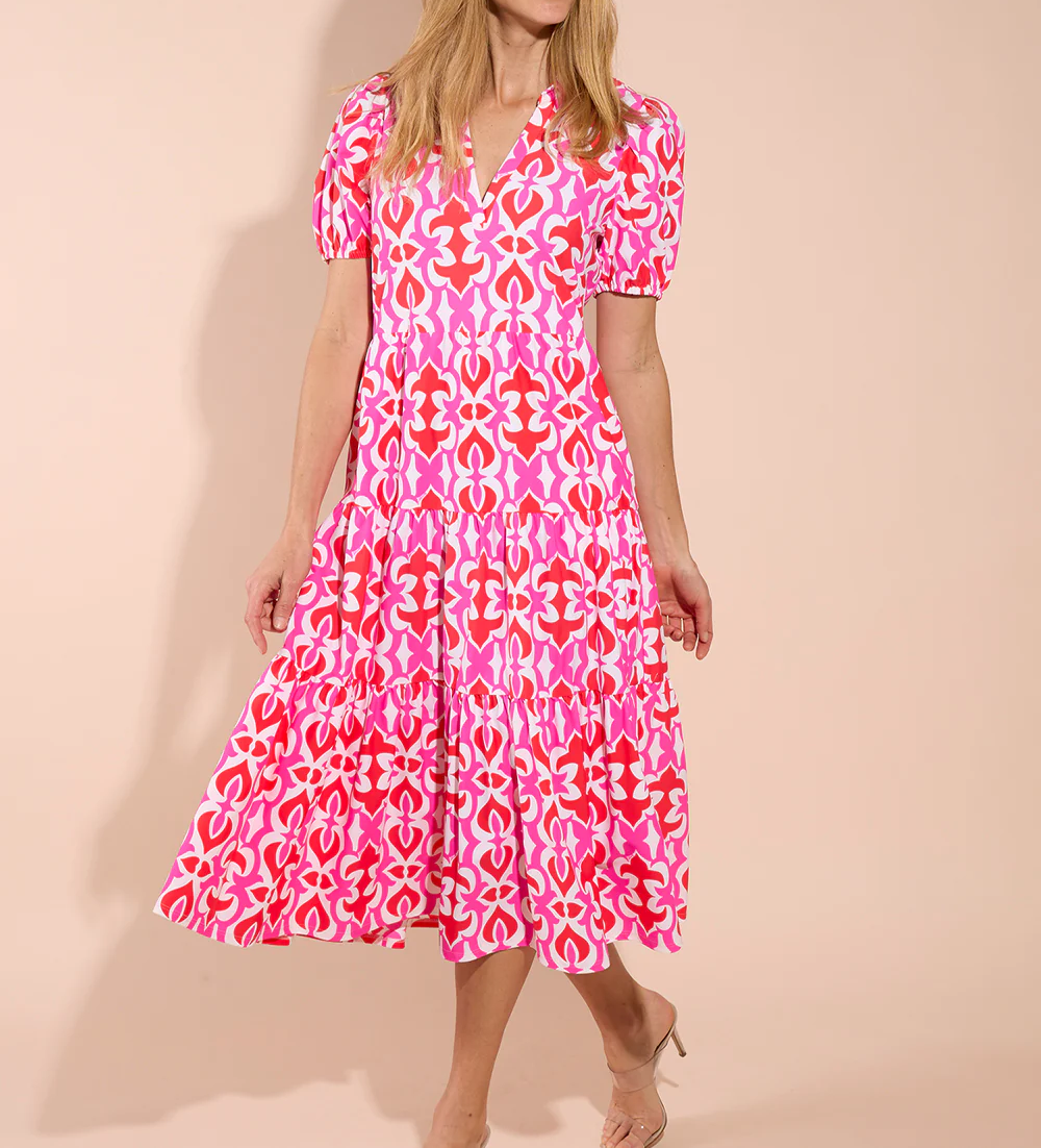 V Neck Puff Sleeve Tiered Geometric Print Midi Kleid Dress