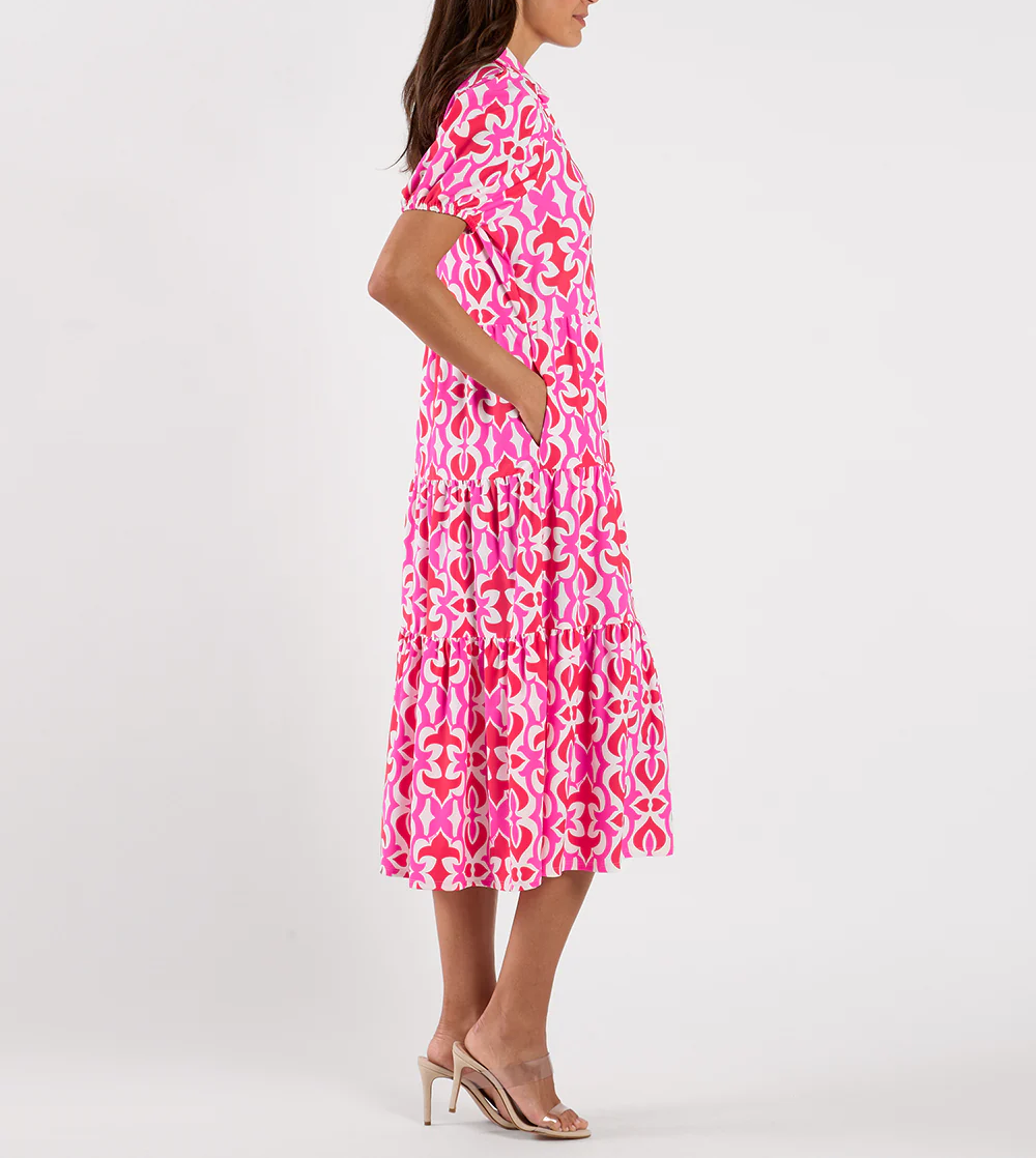 V Neck Puff Sleeve Tiered Geometric Print Midi Kleid Dress