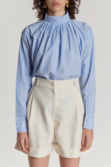 Women’s Mandarin Collar Vertical Stripe Viscose Long Sleeve Blouse