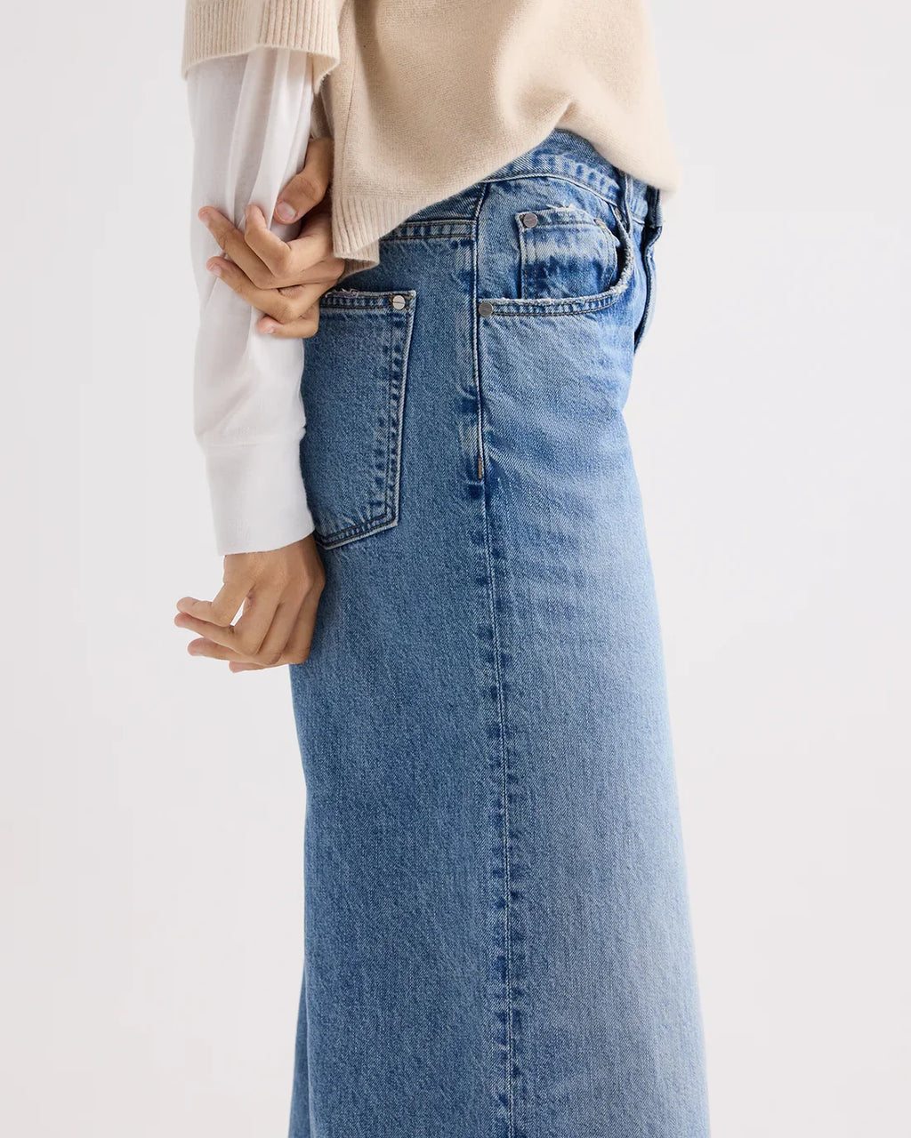 Vintage Wash Mid Rise Relaxed Hip Wide Leg Five Pocket Denim Jeans